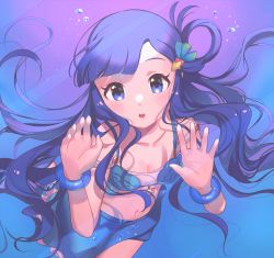 Rule 34 | 1girl, :o, against glass, asari nanami, bare shoulders, bikini, blue background, blue bikini, blue eyes, blue hair, blush, breasts, bubble, cleavage, collarbone, commentary request, fish hair ornament, hair ornament, highres, idolmaster, idolmaster cinderella girls, inuyama nanami, long hair, looking at viewer, navel, open mouth, simple background, small breasts, solo, swimsuit, teeth, twintails, upper teeth only