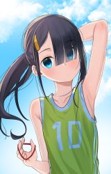 Rule 34 | 1girl, arm up, black hair, blue eyes, blush, cloud, day, female focus, green shirt, hair ornament, hair over one eye, hairclip, highres, jersey, looking at viewer, motto notto, original, outdoors, ponytail, ponytail holder, shirt, solo, sweat, tying hair, upper body