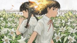 Rule 34 | 2girls, black hair, braid, brown eyes, character request, closed eyes, closed mouth, collared shirt, commentary request, expressionless, fence, fiery hair, fire, flower, from side, garden, highres, long hair, looking at viewer, minahamu, multiple girls, neck ribbon, own hands together, pink flower, praying, profile, red neckwear, ribbon, school uniform, shirt, short hair, short sleeves, sideways glance, twin braids, upper body, white flower, white shirt, yellow flower