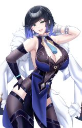 Rule 34 | 1girl, absurdres, armpits, bare shoulders, black hair, blue hair, blush, bracelet, breasts, contrapposto, cowboy shot, diagonal bangs, dice, earrings, elbow gloves, fur-trimmed jacket, fur trim, genshin impact, gloves, gradient hair, green eyes, hand on own hip, highres, jacket, jewelry, kanta (kanta 077), large breasts, looking at viewer, mole, mole on breast, multicolored hair, short hair, simple background, single elbow glove, smile, solo, tassel choker, waist cutout, white background, yelan (genshin impact)