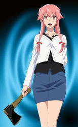 Rule 34 | 1girl, arm behind back, axe, black shirt, blue background, blue skirt, bow, collarbone, gasai yuno, hair between eyes, hair bow, hatchet, hatchet (axe), highres, long hair, long sleeves, mirai nikki, open mouth, pink eyes, pink hair, red bow, shirt, sidelocks, skirt, smile, smile (rz), solo, standing, sweater, twintails, weapon, white sweater