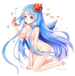 Rule 34 | 1girl, bad id, bad pixiv id, barefoot, blue eyes, blue hair, breasts, convenient censoring, crown, fish, full body, hair censor, hair over breasts, kneeling, large breasts, long hair, looking at viewer, matching hair/eyes, mini crown, nude, o3o, original, pout, shrimp, simple background, solo, songmil, very long hair, white background