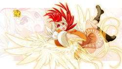 Rule 34 | 1girl, adapted costume, ass, backless dress, backless outfit, bird, bird tail, bird wings, blonde hair, boots, breasts, chick, chicken, commentary request, dress, feathered wings, highres, muchin jousha, multicolored hair, niwatari kutaka, no panties, orange dress, red hair, red neckwear, sideboob, small breasts, solo, tail, touhou, two-tone hair, wily beast and weakest creature, wings, zoom layer