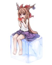 Rule 34 | 1girl, barefoot, bow, commentary request, eating, fang, food, fruit, full body, hair bow, hands up, holding, holding food, horn ornament, horn ribbon, horns, ibuki suika, ice, ice cube, kagikake, light brown hair, long hair, name connection, object namesake, oni, open mouth, oversized object, pun, purple ribbon, purple skirt, red bow, red eyes, ribbon, shirt, simple background, sitting, skirt, sleeveless, sleeveless shirt, solo, touhou, very long hair, watermelon, white background, white shirt