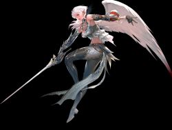 Rule 34 | 1girl, boots, breasts, cleavage, gauntlets, gloves, jewelry, kamael, lineage, lineage 2, long hair, necklace, pointy ears, solo, sword, thigh boots, thighhighs, weapon, white hair, wings