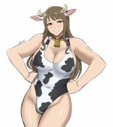 Rule 34 | 1girl, animal ears, animal print, bell, blush, breasts, brown hair, bulge, cleavage, cow ears, cow horns, cow print, cowboy shot, futanari, hands on own hips, highleg, highres, horns, large breasts, long hair, looking at viewer, neck bell, one-piece swimsuit, original, print swimsuit, shibusun, signature, simple background, solo, swimsuit, white background