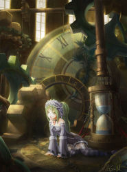 Rule 34 | 1girl, arm support, beads, chain, clock, clock tower, frills, gears, green eyes, green hair, hair beads, hair bobbles, hair ornament, hourglass, indoors, matching hair/eyes, original, signature, sitting, solo, tower, wason, window