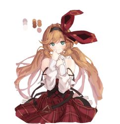 Rule 34 | 1girl, absurdres, bare shoulders, blush, brown hair, clarisse (granblue fantasy), clarisse (valentine) (granblue fantasy), closed mouth, color guide, detached sleeves, granblue fantasy, green eyes, hair between eyes, hands up, high-waist skirt, highres, light frown, long hair, long sleeves, looking at viewer, low twintails, plaid, plaid skirt, red ribbon, red skirt, ribbon, skirt, solo, swept bangs, tai (e3d1p), twintails, very long hair