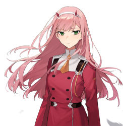 Rule 34 | 1girl, aiko (kanl), breasts, buttons, closed mouth, commentary, cowboy shot, darling in the franxx, double-breasted, expressionless, eyelashes, floating hair, green eyes, hairband, highres, horns, long hair, long sleeves, looking at viewer, medium breasts, necktie, orange necktie, pink hair, red shirt, ringed eyes, shirt, short necktie, simple background, solo, symbol-only commentary, uniform, white background, zero two (darling in the franxx)