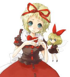 Rule 34 | 1girl, blonde hair, blush, bow, bowtie, cape, collar, doll, fairy wings, female focus, flying, frills, looking at viewer, lowres, medicine melancholy, red bow, red bowtie, shikai, shikai (iesiki 56), short hair, shy, simple background, size difference, solo, su-san, touhou, upper body, white background, wings