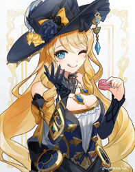 Rule 34 | 1girl, ;), ;q, bare shoulders, black gloves, black headwear, blonde hair, blue eyes, blue nails, commentary request, detached sleeves, food, genshin impact, gloves, holding, holding food, long hair, long sleeves, looking at viewer, macaron, nail polish, navia (genshin impact), one eye closed, shimanakao (shimanaka sushi), single glove, smile, solo, tongue, tongue out, upper body, very long hair