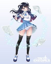 Rule 34 | 1girl, absurdres, black hair, black thighhighs, blue eyes, blush, buttons, capelet, commentary, detached sleeves, flute, full body, gluteal fold, gradient background, highres, holding, instrument, logo, long hair, long sleeves, looking at viewer, music, musical note, official art, panties, paper, playing instrument, pleated skirt, polka dot, polka dot panties, re:shimashima, sheet music, shoes, short twintails, skirt, solo, standing, thighhighs, tokyo exe girls, twintails, two side up, underwear, upskirt
