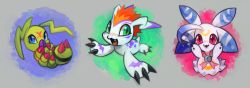 Rule 34 | bandai, claws, digimon, fangs, gomamon, gradient background, happy, highres, lunamon, monster, no humans, smile, wormmon