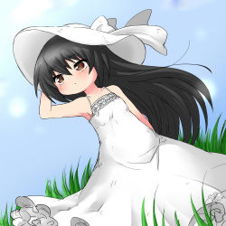 Rule 34 | 1girl, artist name, black hair, blue sky, brown eyes, closed mouth, commentary, dress, dutch angle, girls und panzer, grass, hand on headwear, hat, light frown, long dress, long hair, looking to the side, outdoors, putipuni, reizei mako, signature, sky, sleeveless, sleeveless dress, solo, spaghetti strap, standing, sun hat, sundress, white dress, white hat, wind