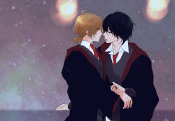 Rule 34 | 2boys, black hair, black robe, blue eyes, brown hair, closed mouth, collar, collarbone, earrings, eyebrows, eyes visible through hair, face-to-face, facial scar, green eyes, hand on another&#039;s arm, harry potter (series), hogwarts school uniform, jewelry, looking at another, male focus, multiple boys, necktie, night, ponytail, red necktie, remus lupin, ring, robe, scar, scar on cheek, scar on face, school uniform, short hair, short ponytail, sirius black, sky, star (sky), starry sky, tongue, tongue out, uniform, wing collar, wizarding world, yaoi