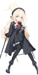 Rule 34 | 1girl, absurdres, beret, black coat, black footwear, black gloves, black hat, black pantyhose, black sailor collar, black serafuku, blonde hair, blue archive, blush, boots, bow, bowtie, cane, coat, fluffy hair, full body, gloves, green eyes, hair between eyes, halo, hat, highres, holding, holding cane, long hair, long sleeves, on chair, open clothes, open coat, pantyhose, professor niyaniya (blue archive), red bow, red bowtie, sailor collar, school uniform, serafuku, side ahoge, simple background, smile, solo, white background, yellow halo, yilubo1