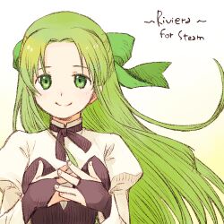 1girl bow bridal_gauntlets closed_mouth fia_(riviera) fingernails green_bow green_eyes green_hair hair_bow hands_on_own_chest juliet_sleeves long_hair long_sleeves parted_bangs puffy_sleeves riviera smile solo tobe_sunaho upper_body