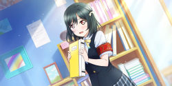 Rule 34 | 1girl, armband, artist request, black hair, blue skirt, blue vest, blush, book, bow, bowtie, buttons, collared shirt, dutch angle, embarrassed, fang, hair bow, highres, holding, holding book, indoors, looking at viewer, love live!, love live! nijigasaki high school idol club, love live! school idol festival all stars, mifune shioriko, neck ribbon, nijigasaki academy school uniform, official art, open mouth, plaid, plaid skirt, pleated skirt, raised eyebrows, red eyes, ribbon, school uniform, shirt, short hair, skirt, solo, summer uniform, sunlight, sweater vest, vest, white shirt, yellow neckwear
