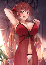Rule 34 | 1girl, :d, arm behind head, arm up, babydoll, blush, breasts, breath, brown eyes, brown hair, chair, chandelier, cleavage, commentary request, commission, curtains, hair ribbon, highres, huge breasts, indoors, kannko bokujou, large breasts, long hair, navel, nozomi (princess connect!), open mouth, panties, photo (object), pillow, plant, princess connect!, red ribbon, revision, ribbon, see-through, sidelocks, skeb commission, smile, solo, standing, thighs, two side up, underbust, underwear, white panties