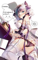 Rule 34 | 1girl, absurdres, anal tail, aqua eyes, ass, azur lane, black hair, blush, breasts, butt crack, cheshire (azur lane), commentary, detached sleeves, dress, english commentary, english text, fake tail, fang, frills, from behind, garter straps, hairband, heaven&#039;s melody, high heels, highres, large breasts, looking at viewer, looking back, lowleg, lowleg panties, maid headdress, multicolored hair, panties, purple panties, ribbon, solo, streaked hair, tail, thighhighs, thighs, underwear, white thighhighs, wrist cuffs