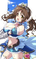 Rule 34 | 10s, 1girl, :d, armor, bandeau, bare shoulders, belt, blue ribbon, blue skirt, blush, breasts, brooch, brown eyes, brown hair, choker, cleavage, cowboy shot, detached sleeves, fur-trimmed sleeves, fur trim, gem, granblue fantasy, greaves, heart, heart choker, hirowa nagi, huge breasts, idolmaster, idolmaster cinderella girls, jewelry, long hair, looking at viewer, microskirt, navel, neck ribbon, open mouth, puffy detached sleeves, puffy sleeves, ribbon, ribbon choker, skirt, smile, solo, sweat, thighhighs, totoki airi, twintails, v arms, white thighhighs, yellow eyes