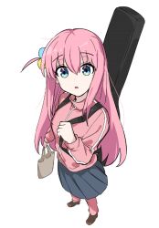 Rule 34 | 1girl, blue eyes, bocchi the rock!, gotoh hitori, guitar case, gym uniform, instrument case, looking at viewer, loveu, pink hair, skirt, solo, white background