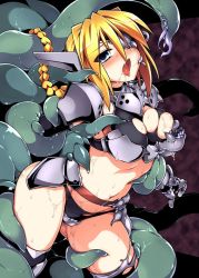 Rule 34 | 1girl, armor, belt, between legs, bikini armor, black panties, black thighhighs, blonde hair, blue eyes, braid, grabbing another&#039;s breast, breastplate, breasts, cleavage, crotch rub, drooling, eyepatch, female knight, frottage, girl with a blonde braid (tomoshibi hidekazu), grabbing, knight, leaning forward, long hair, navel, one eye covered, open mouth, original, panties, ponytail, pussy juice, rape, restrained, saliva, single braid, slime (substance), solo, tank top, tears, tentacles, thighhighs, tomoshibi hidekazu, tongue, tongue out, torn clothes, underwear, very long hair