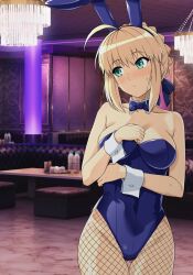 Rule 34 | 1girl, ahoge, animal ears, artoria pendragon (all), artoria pendragon (fate), bare shoulders, blonde hair, blue leotard, blush, bow, bowtie, breasts, covered navel, detached collar, fake animal ears, fate/grand order, fate/stay night, fate (series), fishnet pantyhose, fishnets, gluteal fold, green eyes, hair between eyes, haruhisky, highleg, highleg leotard, highres, large breasts, leotard, long hair, looking away, pantyhose, playboy bunny, rabbit ears, ribbon, saber (fate), sidelocks, solo, strapless, strapless leotard, sweat, thigh gap, traditional bowtie, wrist cuffs
