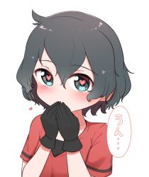 Rule 34 | 1girl, black gloves, black hair, blush, chis (js60216), covering own mouth, gloves, hand to own mouth, heart, heart-shaped pupils, highres, kaban (kemono friends), kemono friends, looking at viewer, red shirt, shirt, short hair, short sleeves, simple background, solo, symbol-shaped pupils, t-shirt, translated, upper body, wavy hair, white background