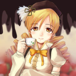 Rule 34 | 10s, 1girl, blonde hair, breasts, cup, drill hair, dzc23, hat, highres, large breasts, mahou shoujo madoka magica, mahou shoujo madoka magica (anime), puffy sleeves, solo, teacup, tomoe mami, yellow eyes