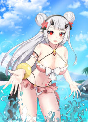Rule 34 | 1girl, :d, absurdres, arm cuffs, bare shoulders, beach, bikini, bikini skirt, black hairband, black horns, blue sky, blunt bangs, blush, bow, bracelet, breasts, brulee, cleavage, cloud, commentary, cowboy shot, criss-cross halter, day, double bun, dragon girl, dragon horns, dragon tail, epic seven, flower, gluteal fold, hair bun, hair flower, hair ornament, hairband, halterneck, heart, heart tattoo, highleg, highleg bikini, highres, horns, jewelry, large breasts, lens flare, light particles, long hair, looking at viewer, midriff, navel, ocean, open mouth, outdoors, pointy ears, reaching, reaching towards viewer, red bikini, red eyes, ribbon, sidelocks, skindentation, sky, smile, solo, sparkle, splashing, standing, stomach tattoo, swimsuit, tail, tattoo, very long hair, wading, white hair, yufine (epic seven)
