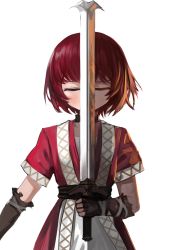 Rule 34 | 1girl, arcturus, brown gloves, closed eyes, commentary, cowboy shot, dokomon, dress, gloves, highres, holding, holding sword, holding weapon, korean commentary, maria kates, red dress, red hair, short hair, short sleeves, simple background, solo, sword, weapon, white background