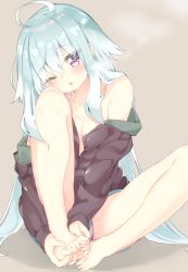 Rule 34 | 1girl, aqua hair, barefoot, between toes, blush, breasts, cleavage, collarbone, commentary request, d;, feet, holding with feet, hair over shoulder, hands on feet, highres, holding own foot, hood, hoodie, jpeg artifacts, kamioka shun&#039;ya, knee to face, legs, long hair, looking at viewer, medium breasts, no bra, no pants, one eye closed, open clothes, open mouth, original, panties, purple eyes, shiori (kamioka shun&#039;ya), sitting, solo, toes, underwear, very long hair