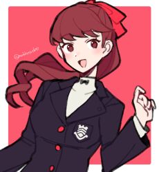 Rule 34 | 1girl, black jacket, blush, border, buttons, commentary, do m kaeru, female focus, hair ribbon, jacket, long hair, long sleeves, looking at viewer, matching hair/eyes, open mouth, outside border, persona, persona 5, persona 5 the royal, ponytail, red background, red eyes, red hair, red ribbon, ribbon, school uniform, shirt, shuujin academy school uniform, simple background, smile, solo, twitter username, white border, white shirt, yoshizawa kasumi