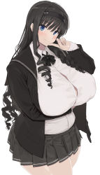 Rule 34 | 1girl, amagami, arm under breasts, black bow, black hair, black hairband, black jacket, black skirt, blue eyes, blush, bow, bowtie, breasts, button gap, closed mouth, collared shirt, cowboy shot, curvy, drill hair, finger to mouth, hairband, head tilt, heroherotom, huge breasts, jacket, long hair, long sleeves, looking at viewer, miniskirt, morishima haruka, open clothes, open jacket, pleated skirt, school uniform, shirt, sidelocks, simple background, skirt, smile, solo, standing, taut clothes, thick thighs, thighs, walking, white background, white shirt