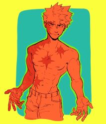 Rule 34 | 1boy, abs, bakugou katsuki, blue background, boku no hero academia, border, commentary, cowboy shot, cropped legs, green outline, groin, habkart, highres, limited palette, looking at viewer, male focus, navel, nipples, outline, outside border, pants, pectorals, scar, scar on arm, scar on chest, scar on face, short hair, simple background, solo, spiked hair, toned, toned male, topless male, yellow border