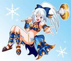 Rule 34 | 1girl, :d, armor, bare shoulders, bikini armor, blue armor, blue bow, blue footwear, blue hair, blue neckwear, bow, bracer, breasts, choker, crop top, eyelashes, full body, ges, gradient background, greaves, groin, hair bow, hammer, happy, high ponytail, holding, holding hammer, index finger raised, knees together feet apart, loincloth, long hair, meru (dragoon), midriff, navel, o-ring, o-ring top, open mouth, outline, over shoulder, raised eyebrows, red eyes, shoes, showgirl skirt, sidelocks, slippers, small breasts, smile, snowflakes, solo, the legend of dragoon, tongue, weapon, weapon over shoulder, white outline
