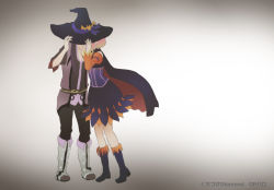 Rule 34 | 1boy, 1girl, absurdres, black hair, boots, cape, detached sleeves, dress, hat, highres, long hair, pants, parody, pink hair, short hair, tales of (series), tales of vesperia, vest, witch hat, yamada-kun to 7-nin no majo, yuri lowell