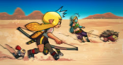 Rule 34 | 1boy, 1girl, ^^^, aisawa natsu, animal, arabian clothes, bare arms, bare legs, bare shoulders, bike shorts, blonde hair, bow (weapon), bridal gauntlets, bulging eyes, colored sclera, company connection, crossdressing, crossover, day, desert, gerudo set (zelda), harem pants, holding, holding bow (weapon), holding weapon, inkling, inkling girl, inkling player character, link, long hair, looking at another, midriff, motion blur, mouth veil, nintendo, open mouth, outdoors, pants, pointy ears, pulling, running, salmonid, sand, sand seal (zelda), shirt, shoes, short sleeves, sliding, smallfry (splatoon), splatoon (series), splatoon 3, stomach, surprised, tan, tentacle hair, the legend of zelda, the legend of zelda: breath of the wild, veil, weapon, yellow eyes, yellow sclera