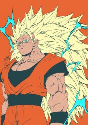 Rule 34 | 1boy, absurdres, artist name, biceps, black sash, black shirt, black wristband, blonde hair, closed mouth, collarbone, commentary request, dougi, dragon ball, dragonball z, electricity, energy, green eyes, highres, long hair, looking at viewer, male focus, muscular, muscular male, no eyebrows, orange background, pectoral cleavage, pectorals, sash, serious, seya (asasei 718), shirt, short sleeves, signature, simple background, solo, son goku, spiked hair, super saiyan, super saiyan 3, v-shaped eyebrows, veins, wristband