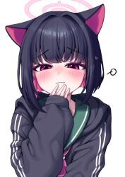 Rule 34 | 1girl, absurdres, animal ears, black hair, black hoodie, blue archive, blush, bob cut, cat ears, closed mouth, colored inner hair, commentary request, extra ears, green sailor collar, hair intakes, hair ornament, hairclip, halo, hand to own mouth, highres, hood, hooded track jacket, hoodie, jacket, kazusa (blue archive), long sleeves, looking at viewer, medium hair, metaljelly, multicolored hair, necktie, pink eyes, pink hair, pink halo, pink necktie, sailor collar, simple background, sleeves past wrists, smile, smug, solo, track jacket, two-tone hair, upper body, white background