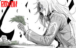 Rule 34 | 1girl, banknote, blue hair, character name, coat, holding, holding money, kankan33333, light frown, limbus company, long hair, long sleeves, looking at object, money, money stack, project moon, rodion (project moon), sitting, sketch, solo, spot color