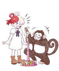 Rule 34 | 1boy, 1girl, age difference, aged down, blush stickers, child, choko egg, hair rings, happy, hat, highres, holding, holding microphone, jacket, long hair, manly, microphone, monkey, monster (one piece), multicolored hair, music, one piece, one piece film: red, pectorals, red hair, simple background, singing, straw hat, tail, two-tone hair, uta (one piece), very long hair, white background, white hair