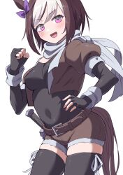 Rule 34 | 1girl, alternate costume, animal ears, belt, breasts, clenched hand, commentary request, covered navel, fingerless gloves, gloves, highres, horse ears, horse tail, itosu200, looking at viewer, medium breasts, medium hair, navel, open mouth, purple eyes, scarf, shorts, simple background, solo, special week (umamusume), tail, thighhighs, umamusume, weapon, white background