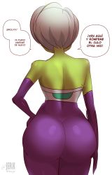 Rule 34 | 1girl, absurdres, artist name, ass, back, bodysuit, cheelai, colored skin, dragon ball, dragon ball super, dragon ball super broly, elbow gloves, from behind, gloves, green skin, hand on own hip, highres, huge ass, jerkdibuja, skin tight, solo, spanish text, speech bubble, thick thighs, thighs, white background, white hair, wide hips