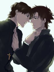 Rule 34 | 01rosso, 2boys, bad id, bad pixiv id, black eyes, black hair, cross, cross necklace, emiya kiritsugu, fate/zero, fate (series), hand on another&#039;s chest, hand on neck, jewelry, kotomine kirei, male focus, multiple boys, necklace