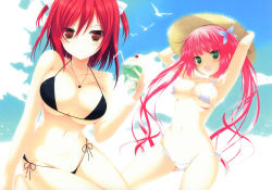 Rule 34 | 2girls, :d, absurdres, armpits, arms up, bikini, black bikini, breasts, brown eyes, cherry, cleavage, collarbone, drink, food, fruit, green eyes, hat, highres, jewelry, large breasts, long hair, looking at viewer, makita maki, micro bikini, multiple girls, navel, necklace, open mouth, original, pink hair, red hair, scan, side-tie bikini bottom, sky, smile, straw hat, swimsuit, twintails, two side up, very long hair, white bikini