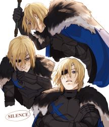 Rule 34 | 1boy, angry, armor, artist name, bent over, blonde hair, blue cape, blue eyes, body armor, cape, crossed arms, dimitri alexandre blaiddyd, elbow pads, english text, expressions, eyebrows, eyepatch, fire emblem, fire emblem: three houses, fire emblem heroes, fur trim, glaring, hair between eyes, highres, holding, holding polearm, holding spear, holding weapon, lips, male focus, metal gloves, nintendo, one eye covered, pale skin, polearm, profile, short hair, solo, solo focus, spear, speech bubble, spoilers, teeth, twitter username, viria13, watermark, weapon, white background, wiping face