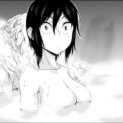 Rule 34 | 1girl, black hair, breasts, clueless, collarbone, convenient censoring, dot mouth, female focus, floating breasts, greyscale, hitomi-chan wa hitomishiri, large breasts, monochrome, neck, rock, short hair, solo, steam, sweat, takano hitomi, tomboy, topless, water, water censor