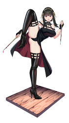 Rule 34 | 1girl, absurdres, ass, bare shoulders, black dress, black footwear, black hair, black legwear, black panties, blood, bloody weapon, blush, board, boots, breasts, choker, cleavage, dagger, dress, dripping, earrings, fingerless gloves, full body, gloves, gold hairband, hairband, high heels, highres, holding, holding weapon, jewelry, knee up, knife, large breasts, long hair, looking at viewer, nail polish, open mouth, panties, red eyes, red nails, shiny skin, sidelocks, signature, simple background, sleeveless, sleeveless dress, solo, split, spy x family, standing, standing on one leg, stiletto (weapon), thigh boots, thighs, underwear, weapon, white background, xiaoxi0619, yor briar